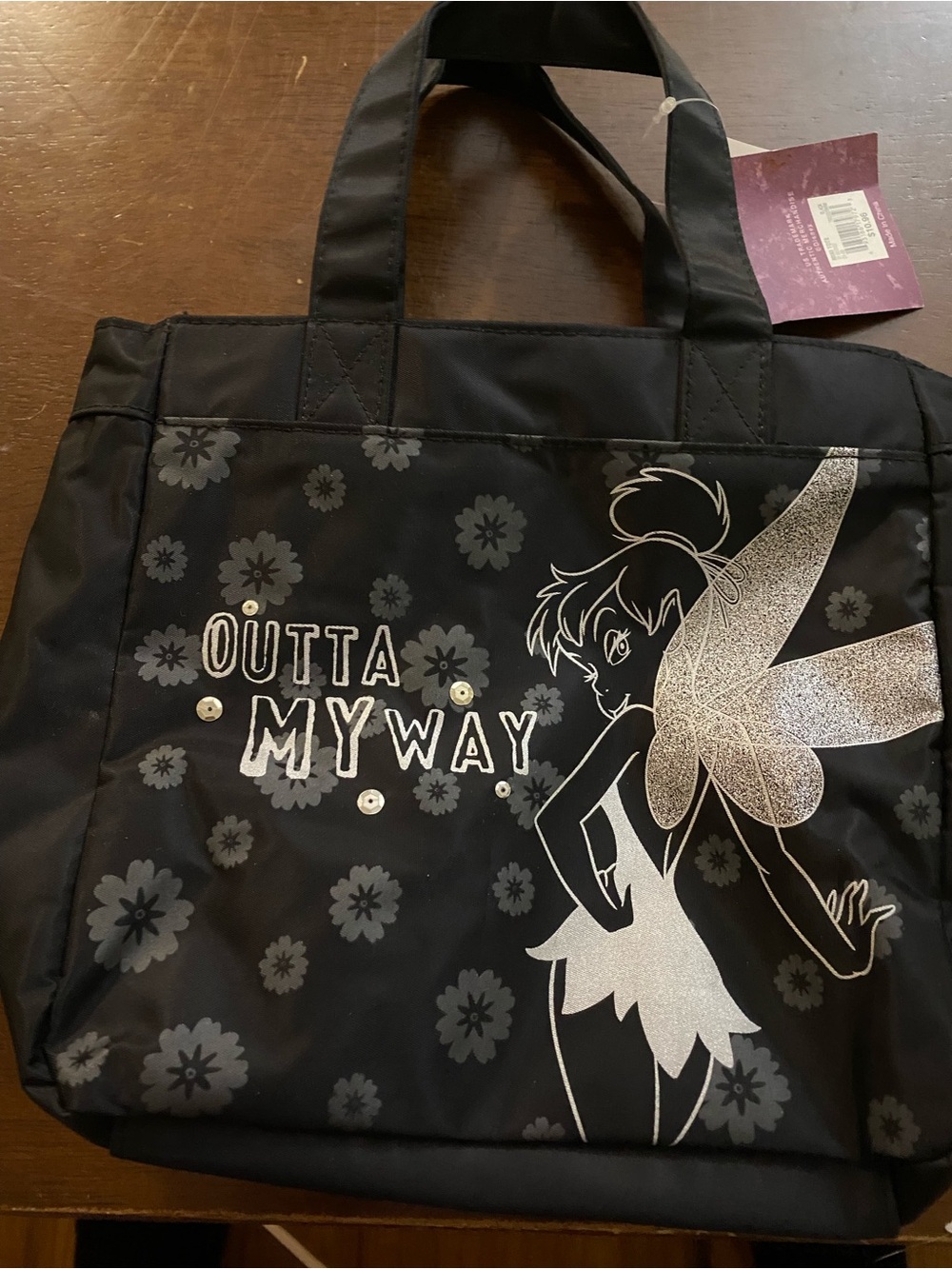 Black 'Outta My Way' Tinkerbell Tote Bag